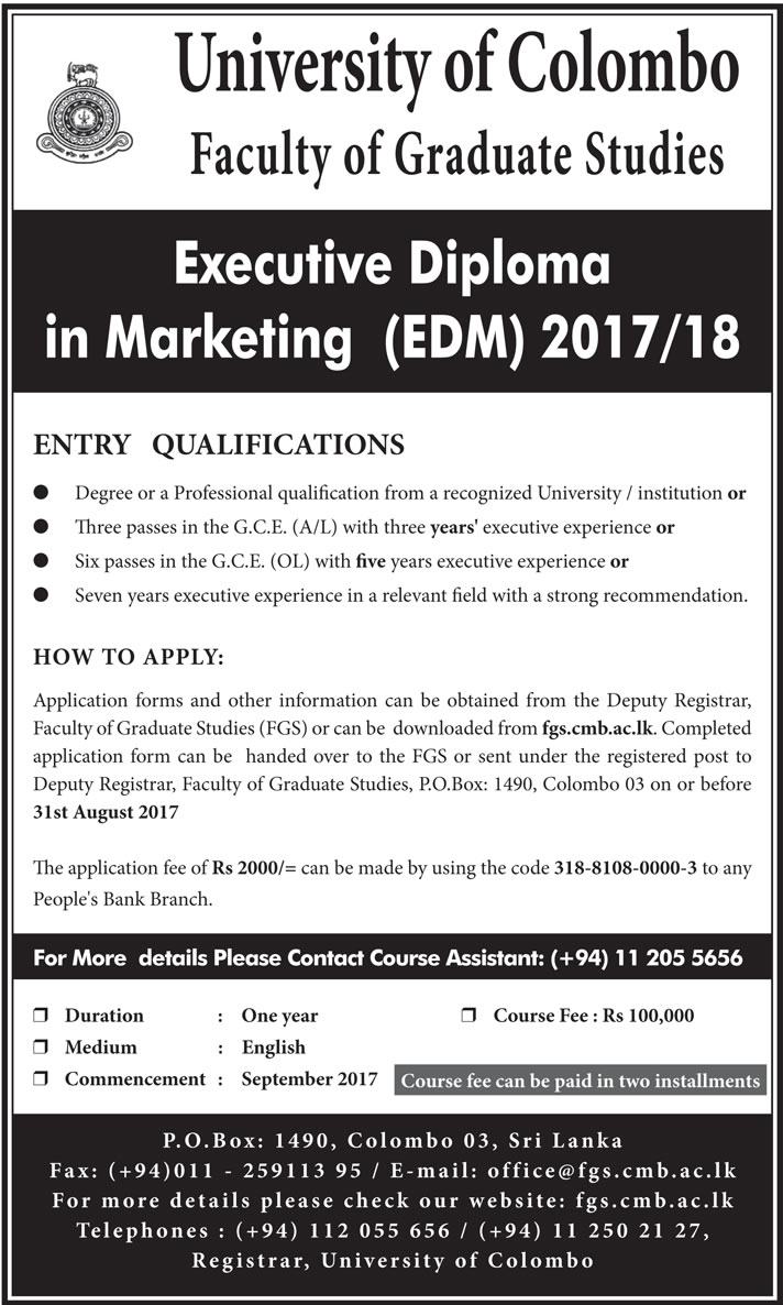 Executive Diploma in Marketing (EDM) (2017/18) - University of Colombo 